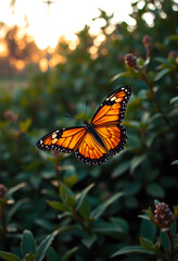 Obraz premium monarch butterfly flying over green foliage at golden hour