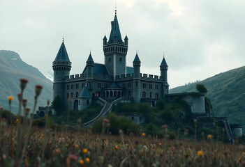 Obraz premium Majestic ancient stone castle on hill with wildflowers