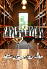 Obraz premium Four wine glasses with red and white wine in a cellar