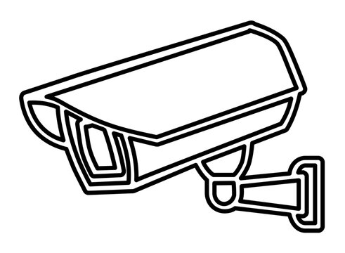 Simple flat vector line icon of an angled security camera, useful for CCTV labels, monitoring menus, and digital safety service branding.