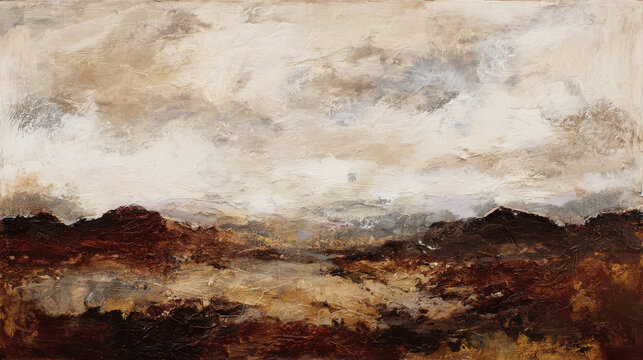 mesmerizing abstract textured landscape painting in neutral earthy tones with misty rugged peaks