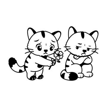 Two cats sitting and talking together.