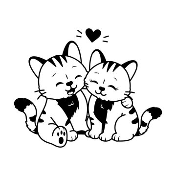 Two cats sitting together surrounded by hearts.