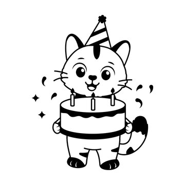 Cat celebrating with a birthday cake and party hat.