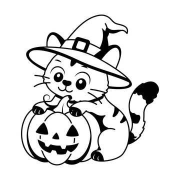 Cat wearing a witch hat beside a pumpkin.