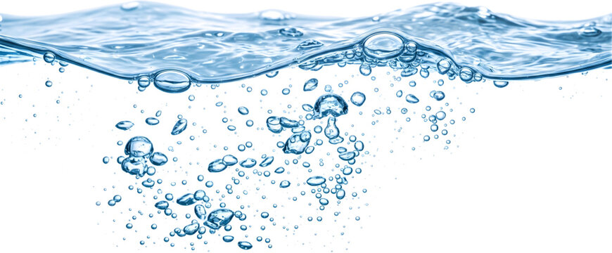 Dynamic blue water flow with rising air bubbles in a clean liquid environment