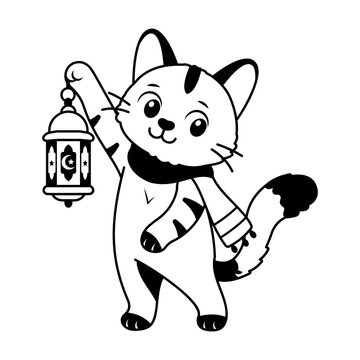 Cat holding a lantern and a leaf.