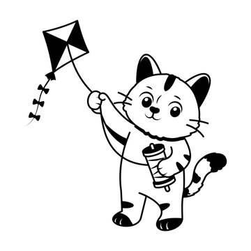 Cat flying a colorful kite.