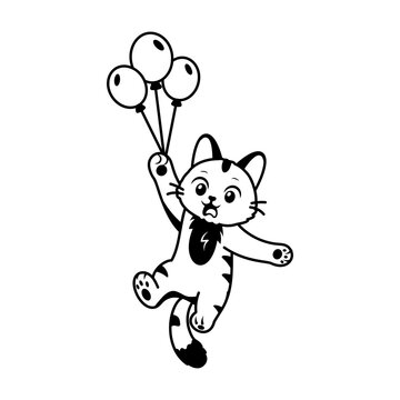 Cat floating upward with colorful balloons.