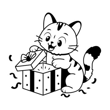 Cat opening a wrapped gift box.