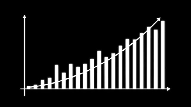 Financial growth bar chart animation with rising trend line on black background, business statistics