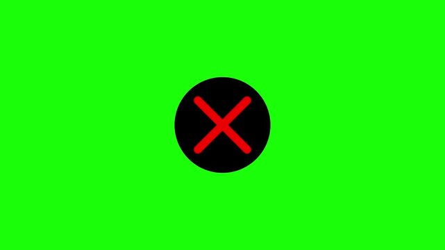 Red x mark animation on green screen, negative symbol motion cross mark