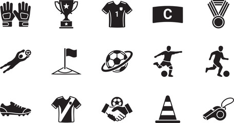 Obraz premium Set of black and white soccer icons featuring equipment jerseys trophies and players for professional sports design and graphic projects