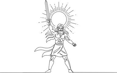 Fototapeta premium Divine Warrior Ascends with Sword and Radiant Sun Symbolism.