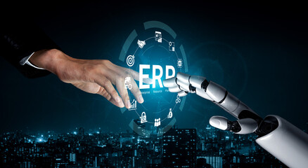 Interaction Between Human Hand and Robotic Hand Representing Future Technology and Digital Transformation in Business Environment. Glyphic. © InfiniteFlow