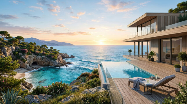 Villa moderna di lusso con piscina a sfioro affacciata sul mare al tramonto. Generative AI 
