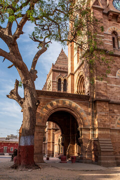 Clock tower and Gothic architecture of Prag Mahal palace in Bhuj