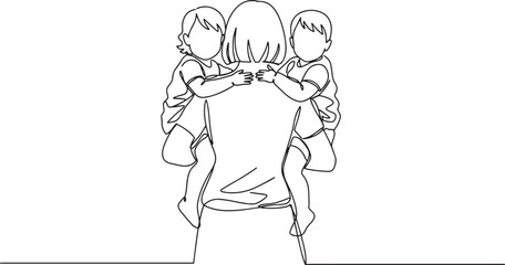 Fototapeta premium Mother carrying two children on her back, a heartwarming family moment.