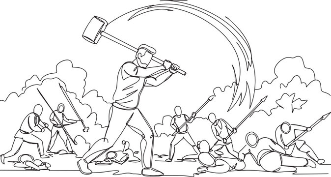 Man wielding a sledgehammer in a dynamic action pose, ready to strike.