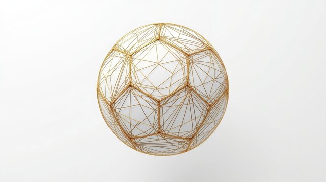 Geometric gold lined abstract soccer ball with intricate design on white background symbolizing sport and luxury