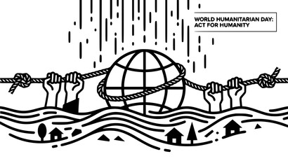World Humanitarian Day flood water abstract concept banner collection   Waves submerged globe lifeline rope unity hope editable stroke illustration on white background © Md