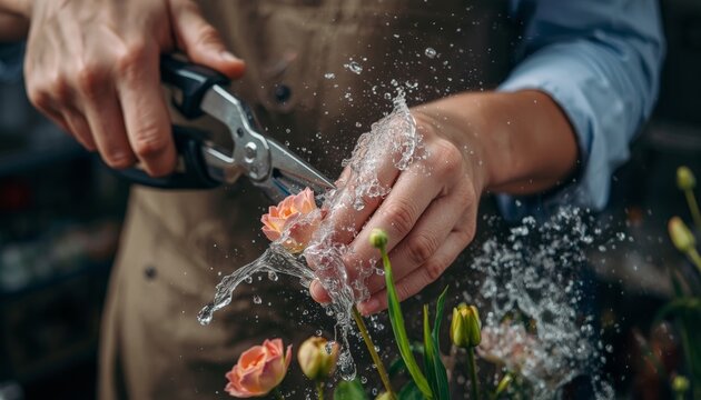 There is a close up of a person cutting flowers with a pair of scissors