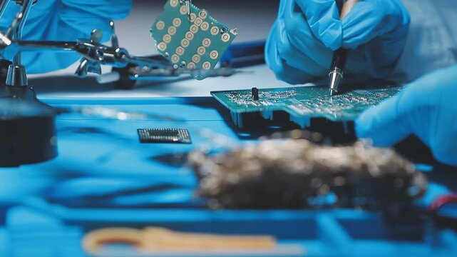Engineer focuses intently on circuit board assembly