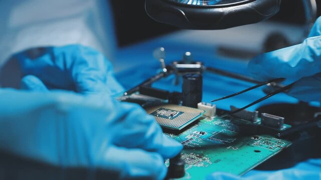 Engineer focuses intently on circuit board assembly