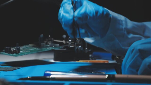 Engineer focuses intently on circuit board assembly