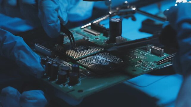 Engineer focuses intently on circuit board assembly