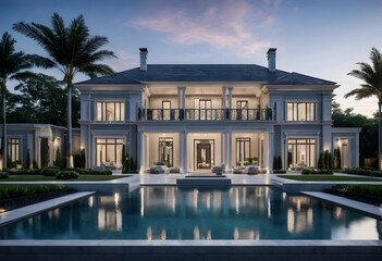 Obraz premium Luxury mansion exterior with pool at dusk
