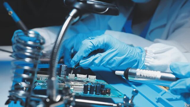 Engineer focuses intently on circuit board assembly