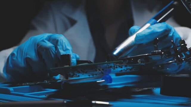 Engineer focuses intently on circuit board assembly