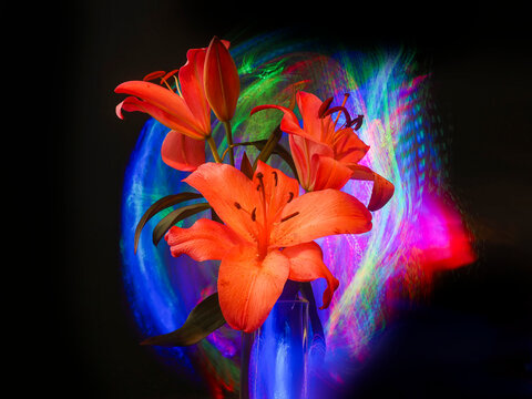 Vibrant orange lilies bloom against glowing, abstract neon background. Petals shine with warm tones. Background swirls in electric blue, green, and pink hues
