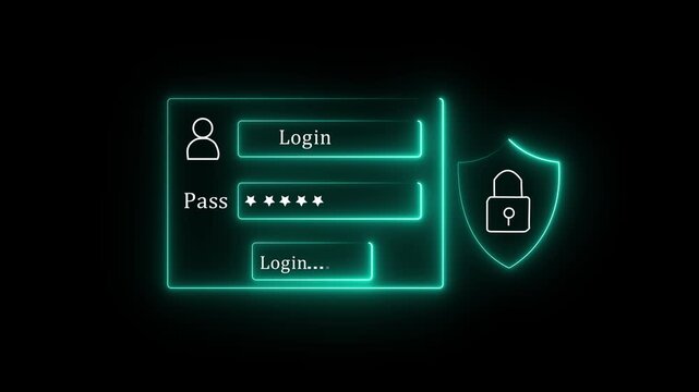 A user selects a holographic login form with password field and shield icon in a dark studio. Concept of cybersecurity authentication and data protection. 4k video motion graphics