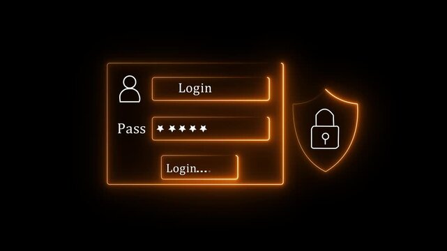 A user selects a holographic login form with password field and shield icon in a dark studio. Concept of cybersecurity authentication and data protection. 4k video motion graphics