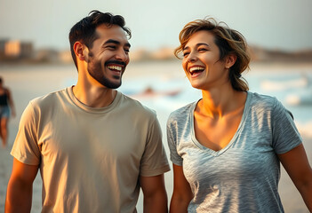 Obraz premium Joyful young man and woman laughing at the beach during golden hour