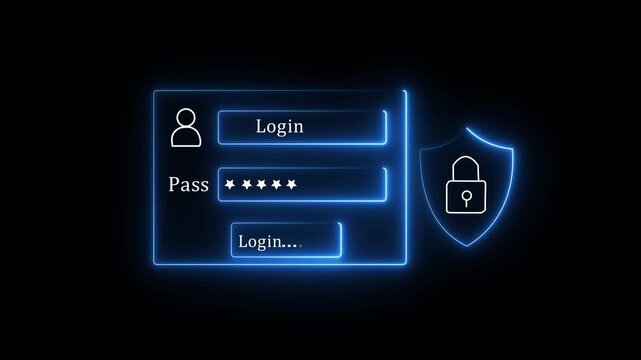 A user selects a holographic login form with password field and shield icon in a dark studio. Concept of cybersecurity authentication and data protection. 4k video motion graphics