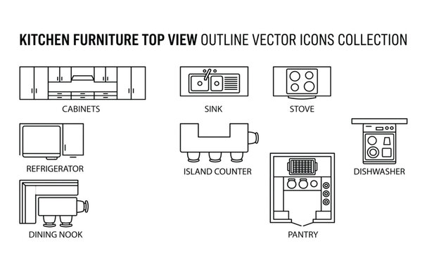 Kitchen Furniture Top View Outline Vector Icons Collection