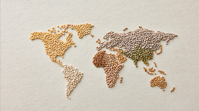 A vibrant world map crafted from diverse grains and legumes, symbolizing global food systems, nutrition, and international cooperation on a textured background