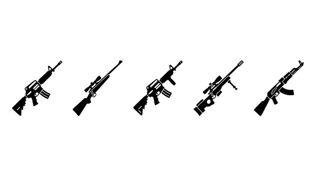 Set of modern military assault rifles and sniper guns