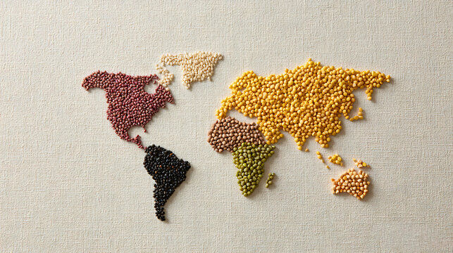 Vibrant World Map Crafted from Diverse Colorful Legumes, Symbolizing Global Food, Health, and Sustainable Agriculture on a Textured Surface