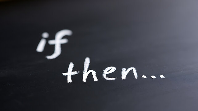 Conceptual image with "if then..." written in white chalk on a dark chalkboard, representing cause and effect diagrams or logical statements