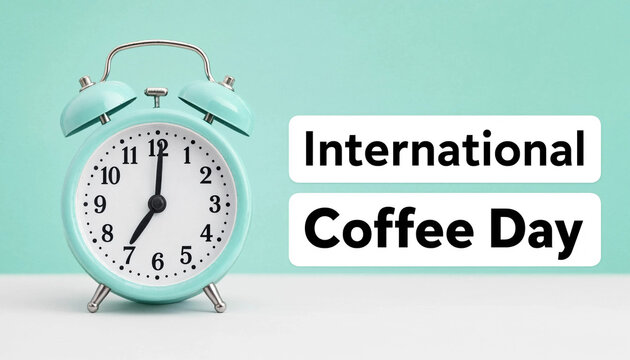 International coffee day celebration with a teal alarm clock