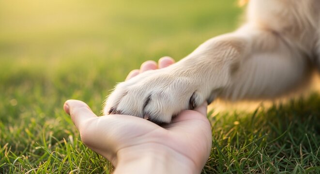 Close up of human hand holding dog paw on green grass field in warm sunlight. Conceptual image of unconditional love, friendship, trust and strong bond between owner and loyal pet companion.