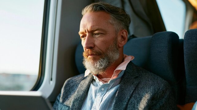 Middle-aged man with a beard and mustache sitting on a train seat. he is wearing a grey blazer and a pink shirt. he appears to be deep in thought, with a serious expression on his face.