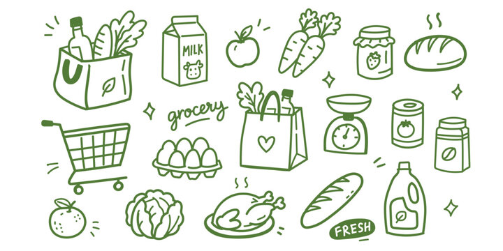 Hand Drawn Grocery Shopping Doodle Set Vector Illustration with Fresh Food, Shopping Cart, Grocery Bag, Bread, Milk, Eggs, Fruits, Vegetables and Organic Market Elements