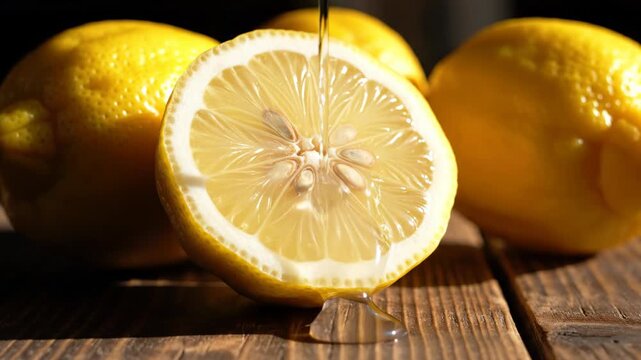 Close-up of several ripe yellow lemons on a rustic wooden table with one lemon cut in half, revealing the juicy interior segments and seeds under bright sunlight and dark shadows.