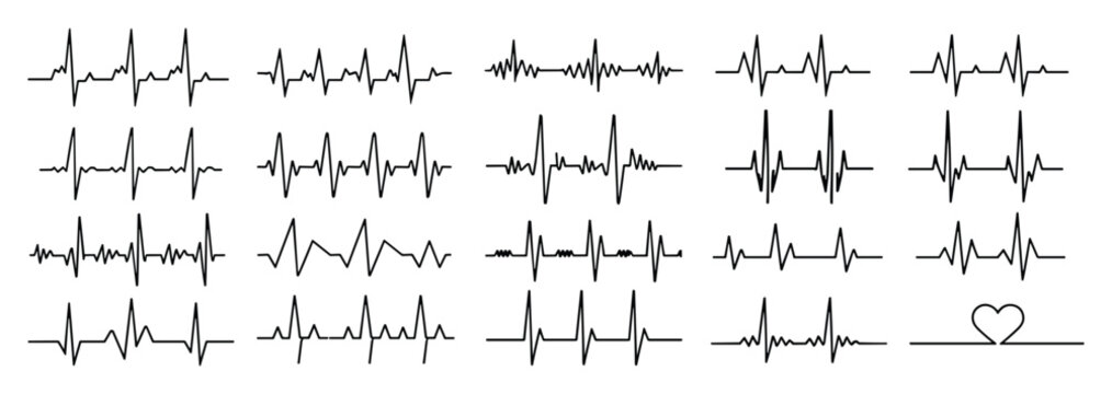 Diverse electrocardiogram line art collection showcasing different heart rhythms and pulse wave patterns on a transparent background