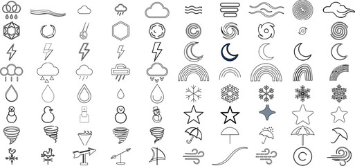 Obraz premium 80 weather vector icon set bundle featuring clouds, fog, rain, snow, sun, moon, wind, storms, lightning, temperature, humidity, forecast symbols, and climate conditions.